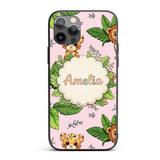 Cute Jungle Animals Lion Tiger Leopard Soft Beige Custom Name Protective Phone Case Mobile Cover Durable Everyday Smartphone Shock Resistant