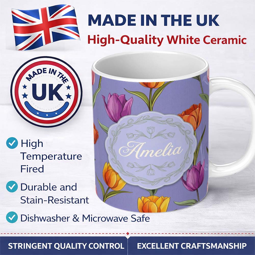 Personalized Custom Name Elegant Tulip Floral Seamless Pattern Purple Background Spring 11oz Ceramic Coffee Tea Mug White Large Handle