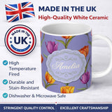 Personalized Custom Name Elegant Tulip Floral Seamless Pattern Purple Background Spring 11oz Ceramic Coffee Tea Mug White Large Handle