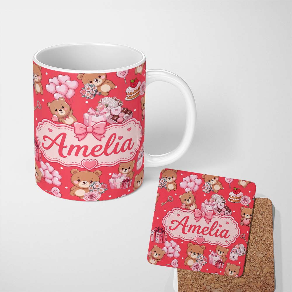 Personalized Custom Name Teddy Bear Hearts Gifts Chocolates Valentine Seamless Pattern Red 11oz Ceramic Coffee Tea Mug White Large Handle