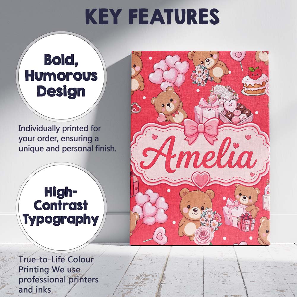 Personalised Name Teddy Bear Hearts Gifts Custom  Unique Gift Idea Elegant Feature Canvas Wall Art Print Decor Picture Ready to Hang