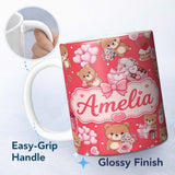 Personalized Custom Name Teddy Bear Hearts Gifts Chocolates Valentine Seamless Pattern Red 11oz Ceramic Coffee Tea Mug White Large Handle