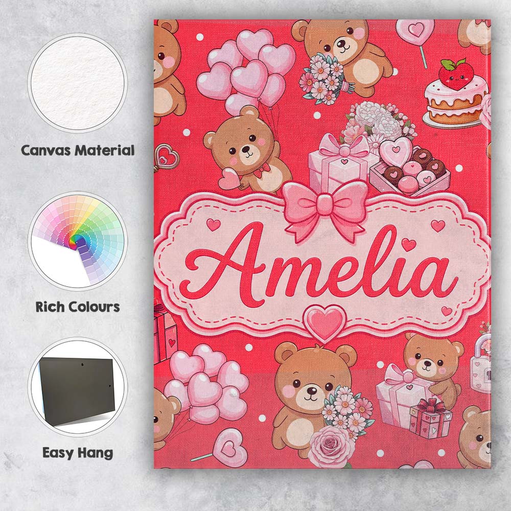 Personalised Name Teddy Bear Hearts Gifts Custom  Unique Gift Idea Elegant Feature Canvas Wall Art Print Decor Picture Ready to Hang