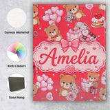 Personalised Name Teddy Bear Hearts Gifts Custom  Unique Gift Idea Elegant Feature Canvas Wall Art Print Decor Picture Ready to Hang