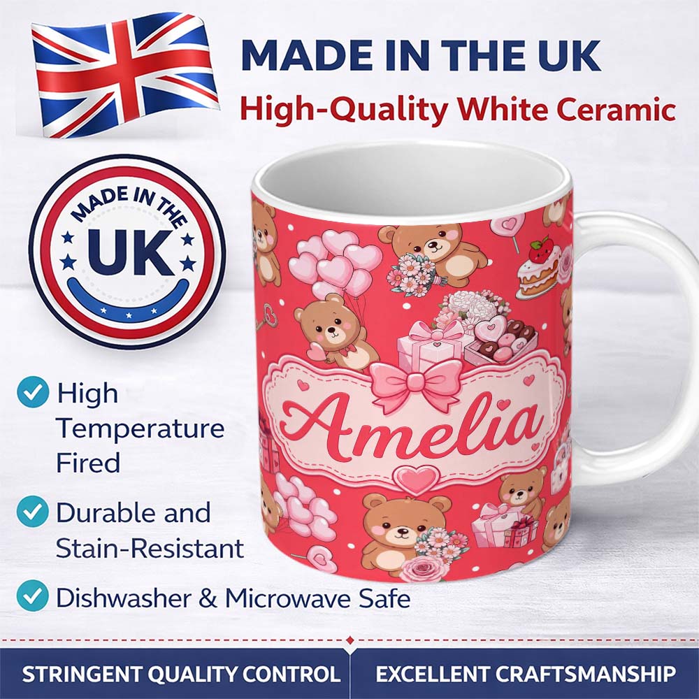 Personalized Custom Name Teddy Bear Hearts Gifts Chocolates Valentine Seamless Pattern Red 11oz Ceramic Coffee Tea Mug White Large Handle