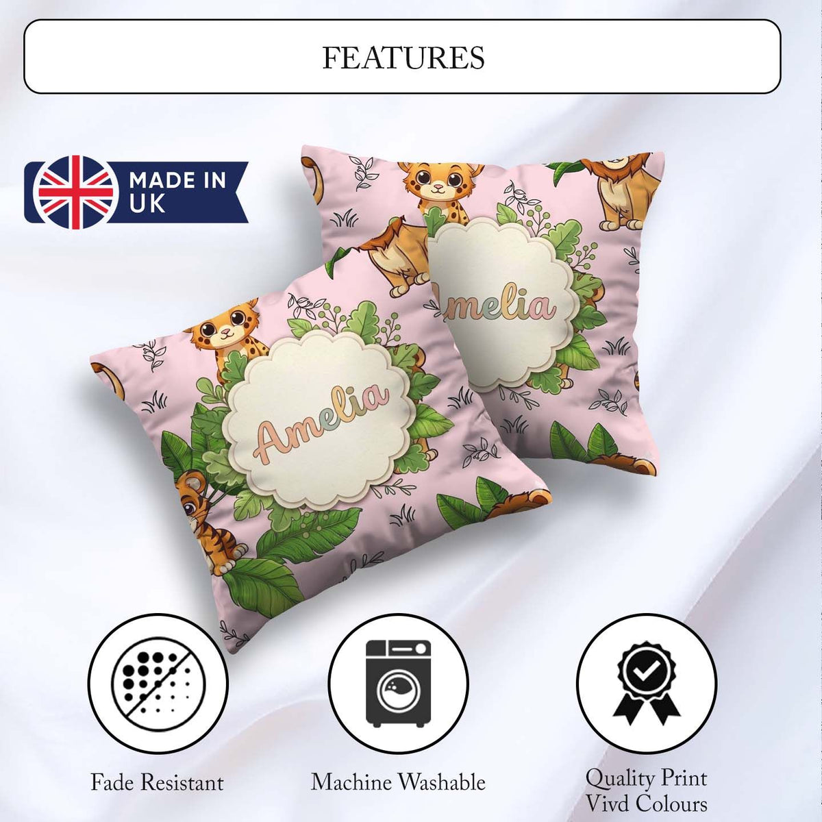 Custom Name Cute Jungle Animals Lion Tiger Soft Beige Background Square Filled Cushion Throw Pillow Sofa Bed Home Decor Zip Washable UK Made