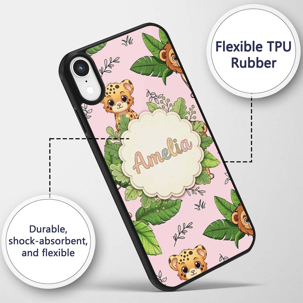 Cute Jungle Animals Lion Tiger Leopard Soft Beige Custom Name Protective Phone Case Mobile Cover Durable Everyday Smartphone Shock Resistant