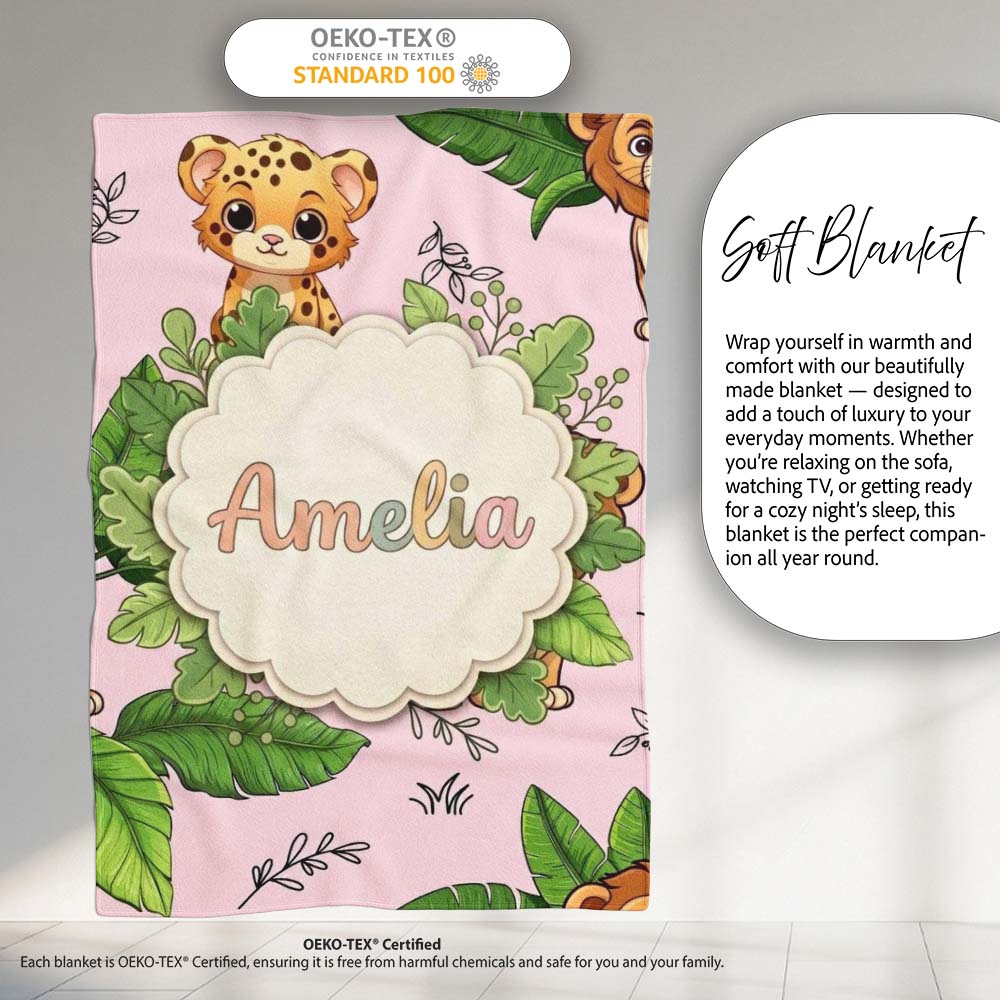 Cute Jungle Animals Lion Tiger Leopard Soft Beige Background Lovely  Personalised Custom Name Super Soft Fleece Blanket Bed Sofa Throw