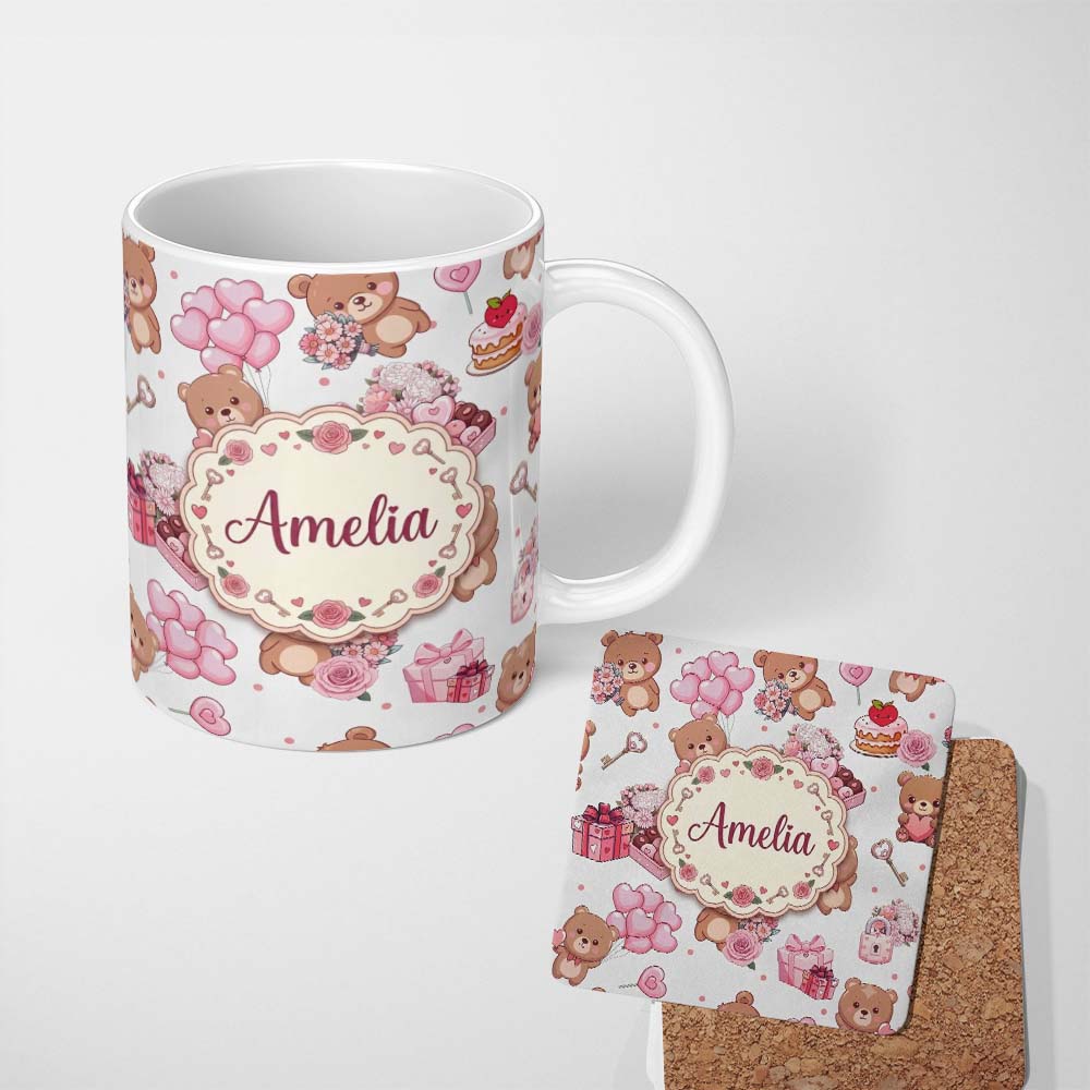 Personalized Custom Name Teddy Bear Hearts Gifts Chocolates Valentine Seamless Pattern Grey 11oz Ceramic Coffee Tea Mug White Large Handle
