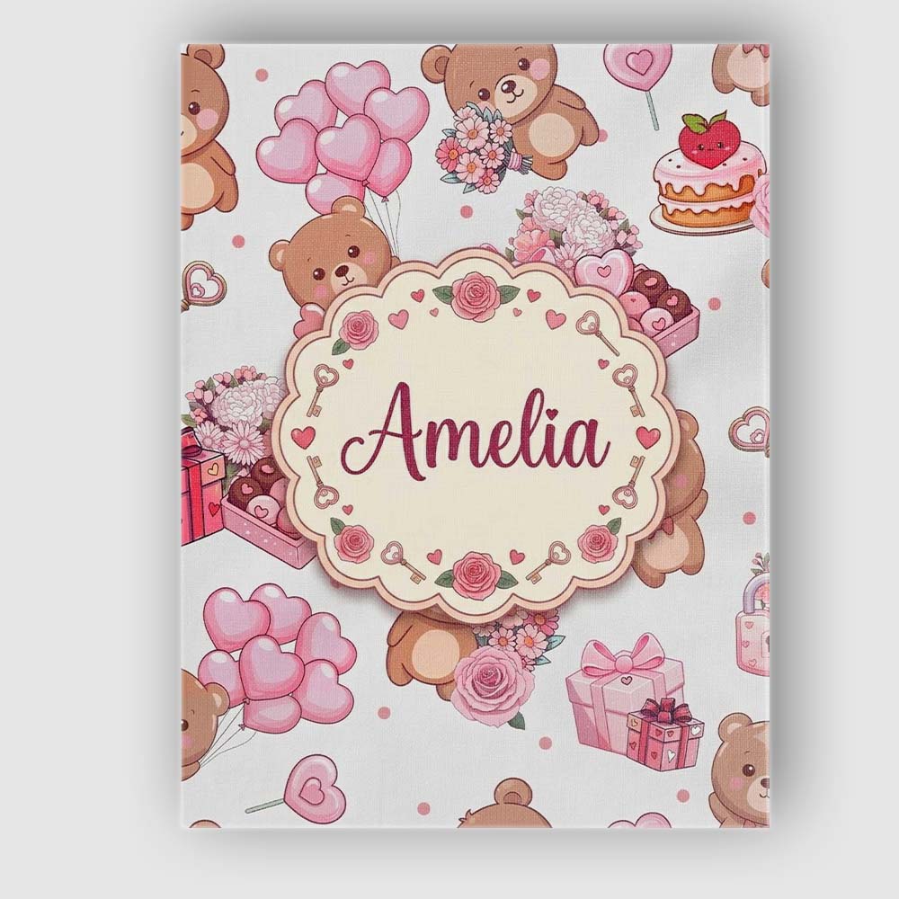 Personalised Name Teddy Bear Hearts Gifts Custom  Unique Gift Idea Elegant Feature Canvas Wall Art Print Decor Picture Ready to Hang