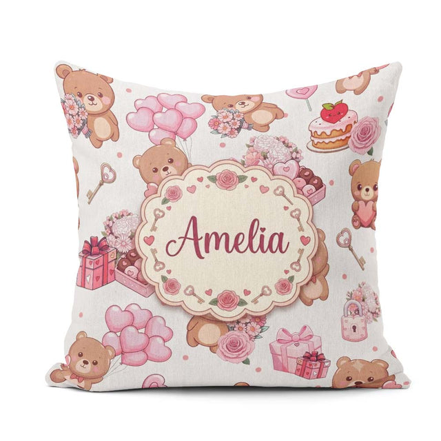 Custom Name Teddy Bear Hearts Gifts Chocolates Valentine Pattern Square Filled Cushion Throw Pillow Sofa Bed Home Decor Zip Washable UK Made