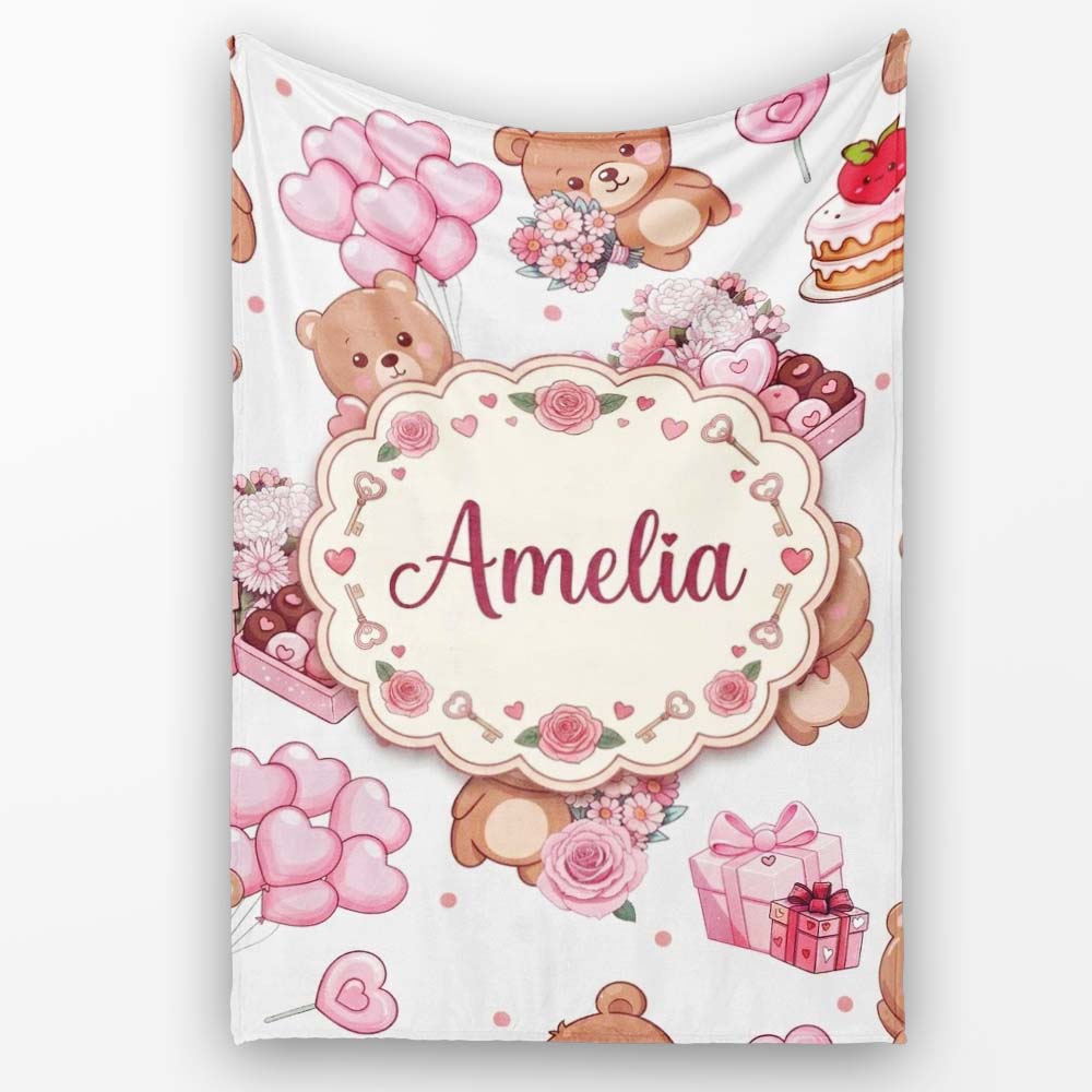 Teddy Bear Hearts Gifts Chocolates Valentine Seamless Pattern Grey  Personalised Custom Name Super Soft Fleece Blanket Bed Sofa Throw