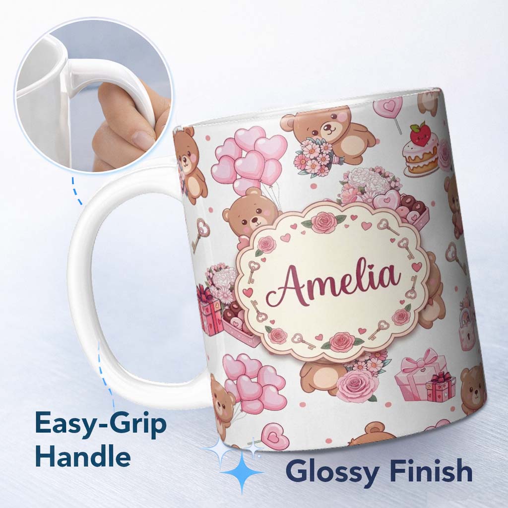 Personalized Custom Name Teddy Bear Hearts Gifts Chocolates Valentine Seamless Pattern Grey 11oz Ceramic Coffee Tea Mug White Large Handle