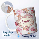 Personalized Custom Name Teddy Bear Hearts Gifts Chocolates Valentine Seamless Pattern Grey 11oz Ceramic Coffee Tea Mug White Large Handle