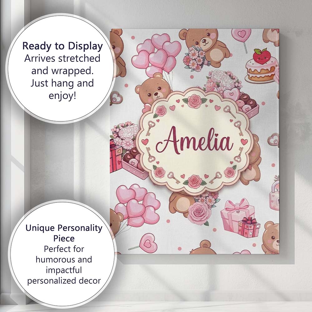 Personalised Name Teddy Bear Hearts Gifts Custom  Unique Gift Idea Elegant Feature Canvas Wall Art Print Decor Picture Ready to Hang