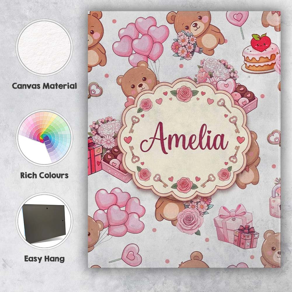 Personalised Name Teddy Bear Hearts Gifts Custom  Unique Gift Idea Elegant Feature Canvas Wall Art Print Decor Picture Ready to Hang