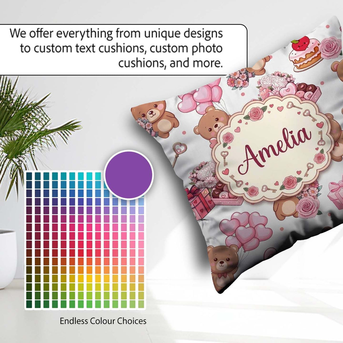 Custom Name Teddy Bear Hearts Gifts Chocolates Valentine Pattern Square Filled Cushion Throw Pillow Sofa Bed Home Decor Zip Washable UK Made