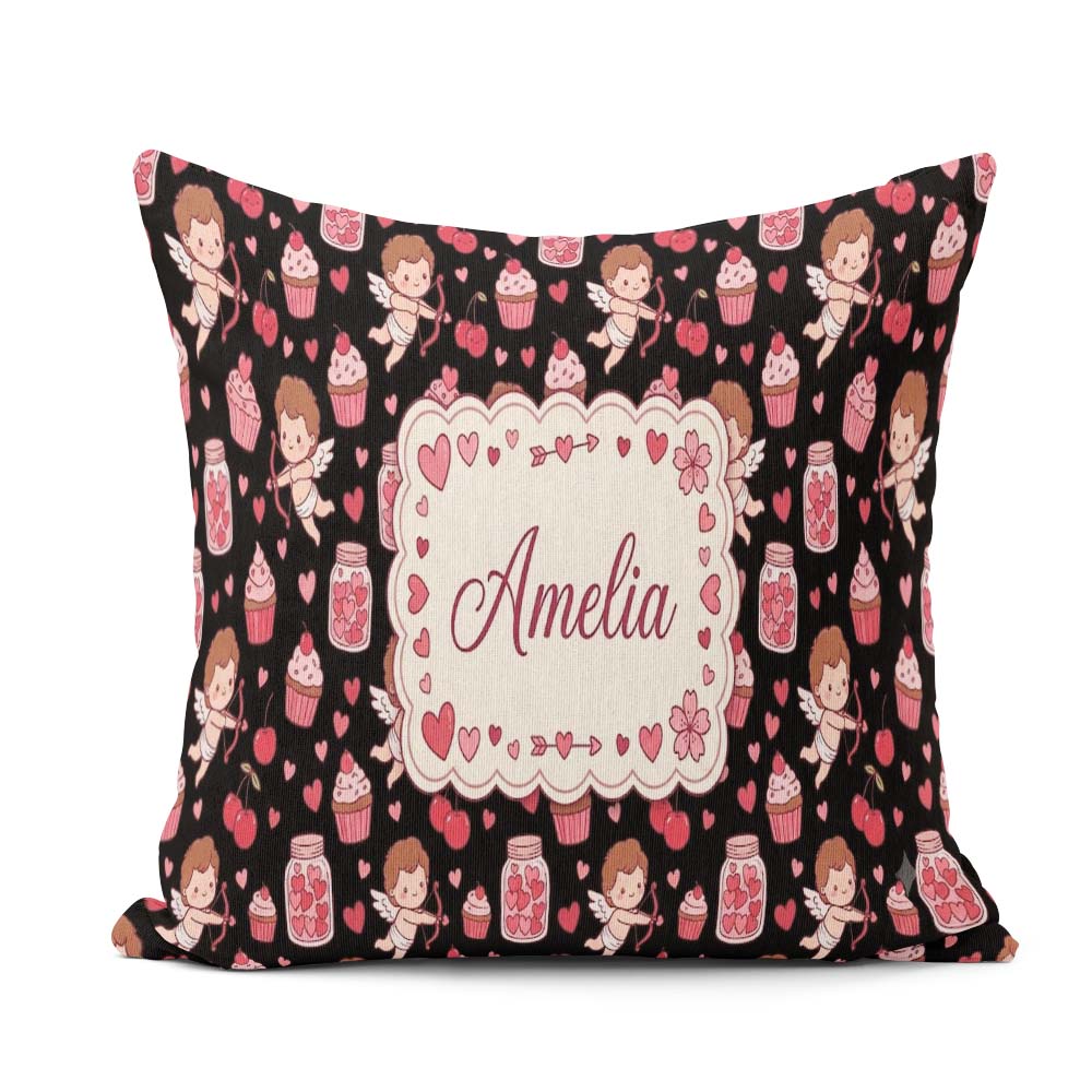 Custom Name Cupid Angels Hearts Sweets Kawaii Valentine Seamless Square Filled Cushion Throw Pillow Sofa Bed Home Decor Zip Washable UK Made