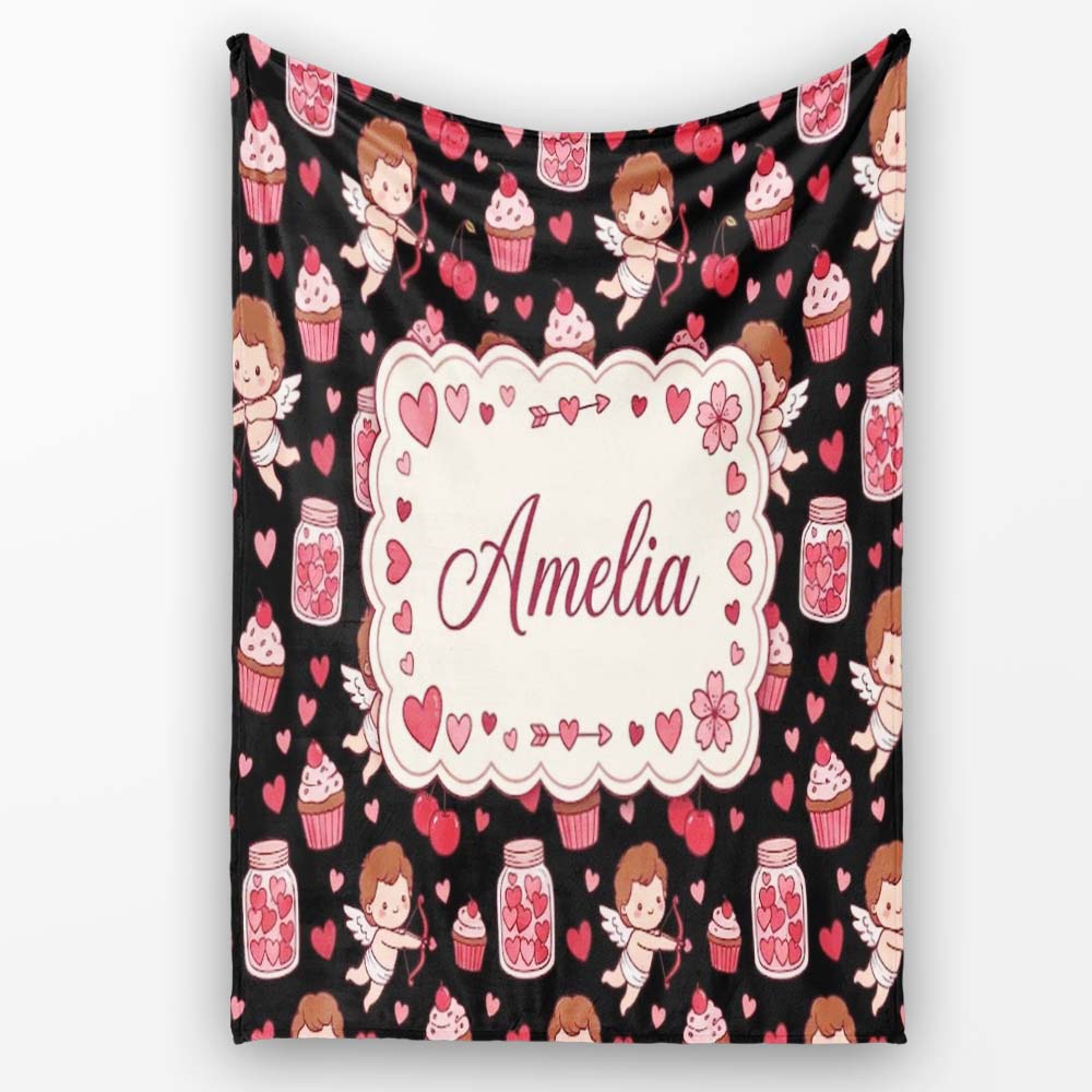 Cupid Angels Hearts Sweets Kawaii Valentine Seamless Pattern Name  Personalised Custom Name Super Soft Fleece Blanket Bed Sofa Throw