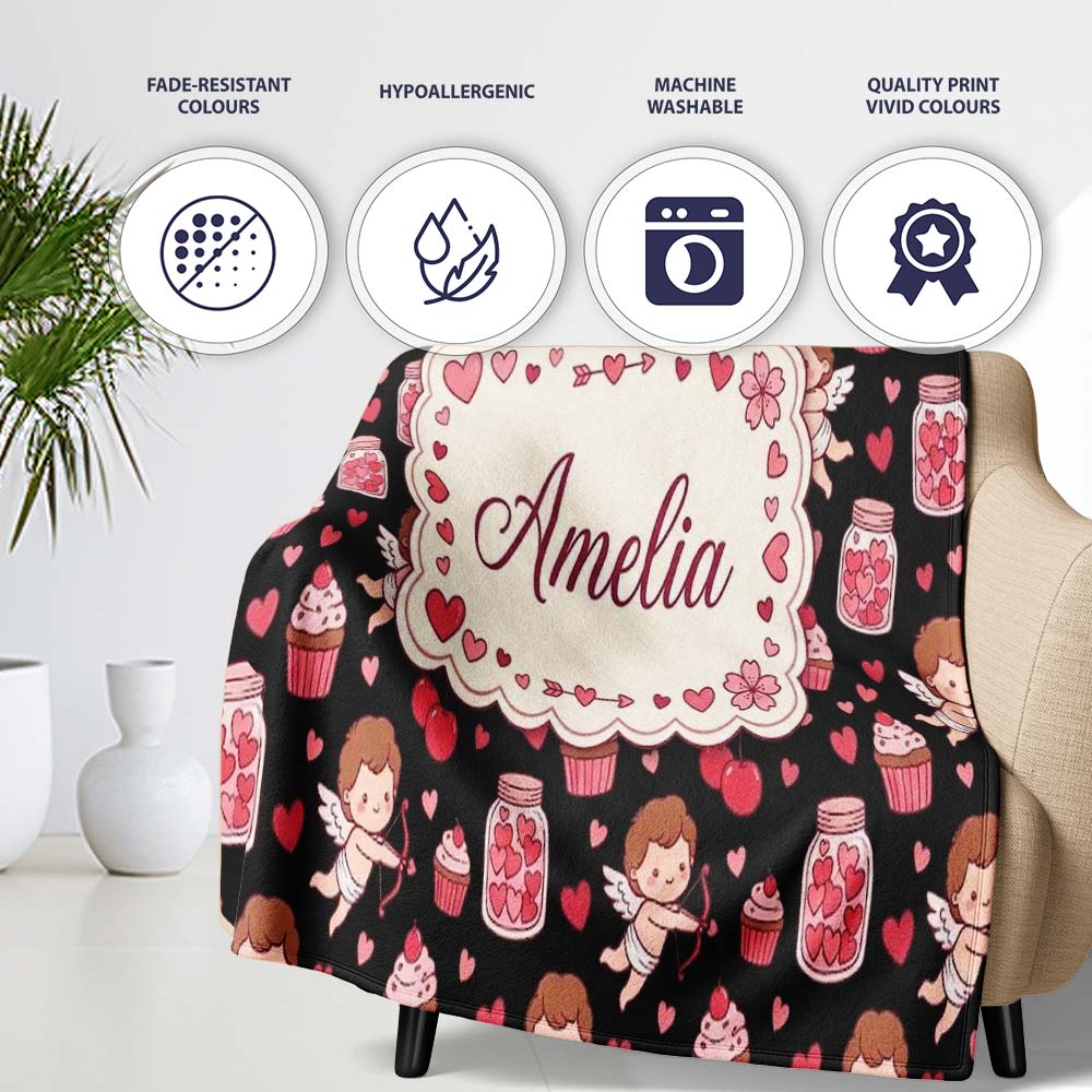 Cupid Angels Hearts Sweets Kawaii Valentine Seamless Pattern Name  Personalised Custom Name Super Soft Fleece Blanket Bed Sofa Throw