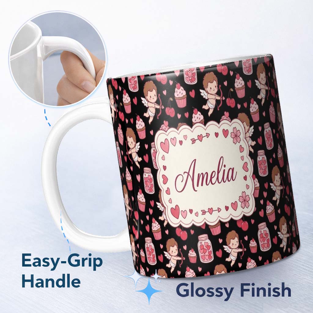 Personalized Custom Name Cupid Angels Hearts Sweets Kawaii Valentine Seamless Pattern Name 11oz Ceramic Coffee Tea Mug White Large Handle