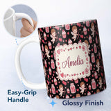 Personalized Custom Name Cupid Angels Hearts Sweets Kawaii Valentine Seamless Pattern Name 11oz Ceramic Coffee Tea Mug White Large Handle