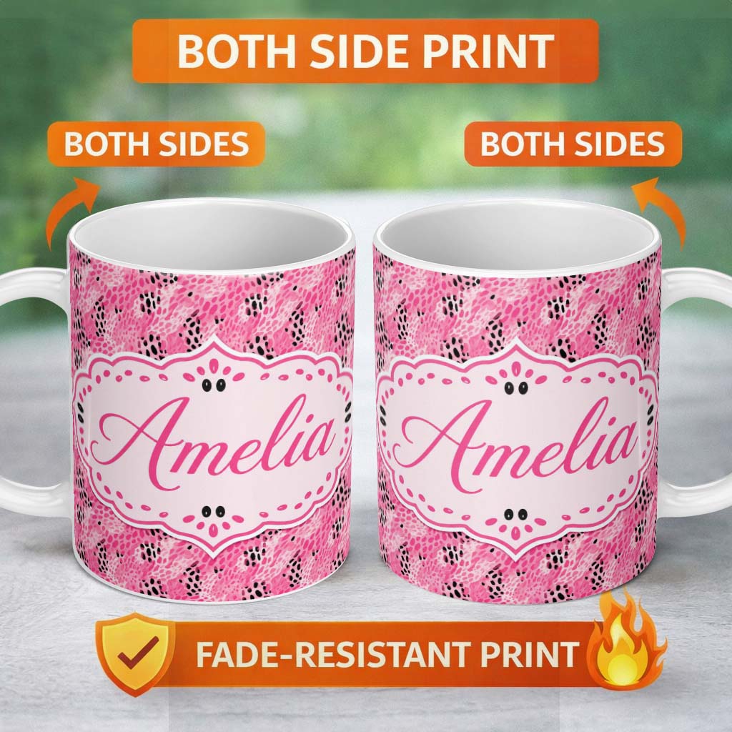 Personalized Custom Name Bold Pink and Black Abstract Animal Print Seamless Pattern Lovely 11oz Ceramic Coffee Tea Mug White Large Handle