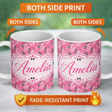 Personalized Custom Name Bold Pink and Black Abstract Animal Print Seamless Pattern Lovely 11oz Ceramic Coffee Tea Mug White Large Handle