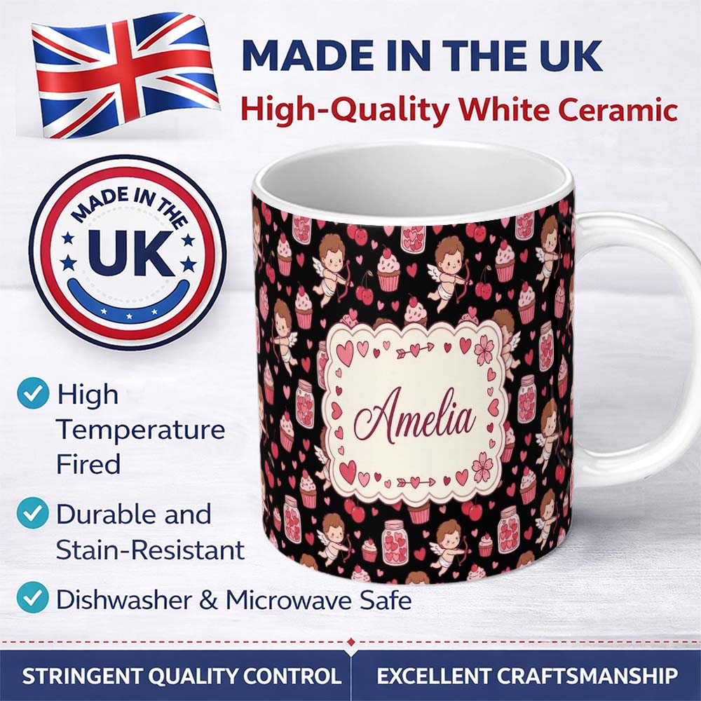 Personalized Custom Name Cupid Angels Hearts Sweets Kawaii Valentine Seamless Pattern Name 11oz Ceramic Coffee Tea Mug White Large Handle