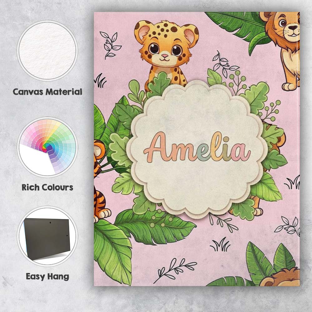 Personalised Name Cute Jungle Animals Lion Tiger Leopard Soft Beige Custom Canvas Wall Art Print Decor Picture Ready to Hang