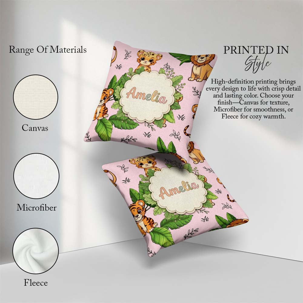 Custom Name Cute Jungle Animals Lion Tiger Soft Beige Background Square Filled Cushion Throw Pillow Sofa Bed Home Decor Zip Washable UK Made