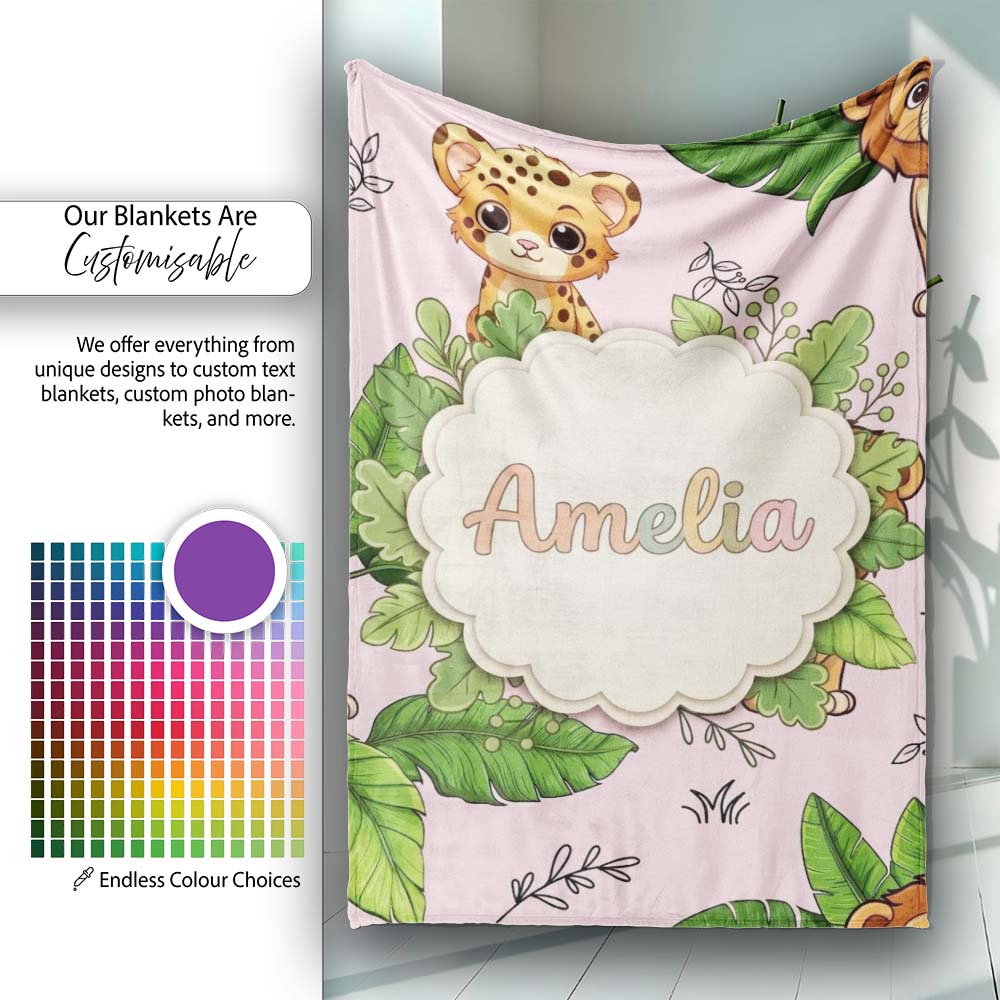 Cute Jungle Animals Lion Tiger Leopard Soft Beige Background Lovely  Personalised Custom Name Super Soft Fleece Blanket Bed Sofa Throw