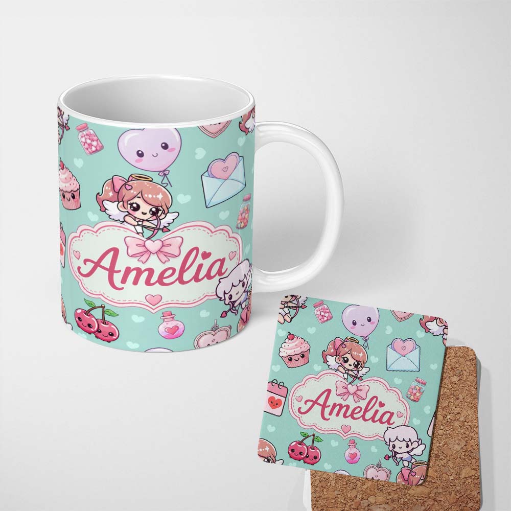 Personalized Custom Name Cupid Angels Hearts Sweets Kawaii Valentine Seamless Pattern Mint 11oz Ceramic Coffee Tea Mug White Large Handle