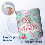 Personalized Custom Name Cupid Angels Hearts Sweets Kawaii Valentine Seamless Pattern Mint 11oz Ceramic Coffee Tea Mug White Large Handle