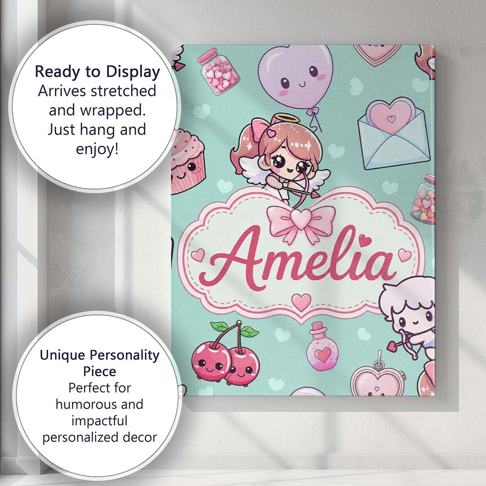 Personalised Name Cupid Angels Hearts Custom Modern Room Accent Creative Decorator Style Canvas Wall Art Print Decor Picture Ready to Hang