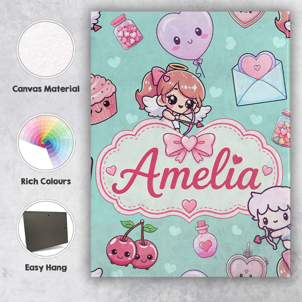Personalised Name Cupid Angels Hearts Custom Modern Room Accent Creative Decorator Style Canvas Wall Art Print Decor Picture Ready to Hang