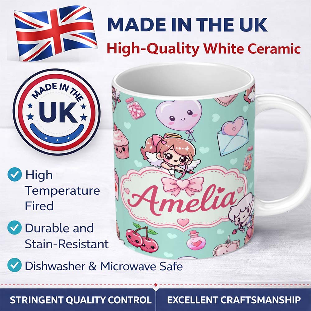 Personalized Custom Name Cupid Angels Hearts Sweets Kawaii Valentine Seamless Pattern Mint 11oz Ceramic Coffee Tea Mug White Large Handle