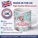 Personalized Custom Name Cupid Angels Hearts Sweets Kawaii Valentine Seamless Pattern Mint 11oz Ceramic Coffee Tea Mug White Large Handle
