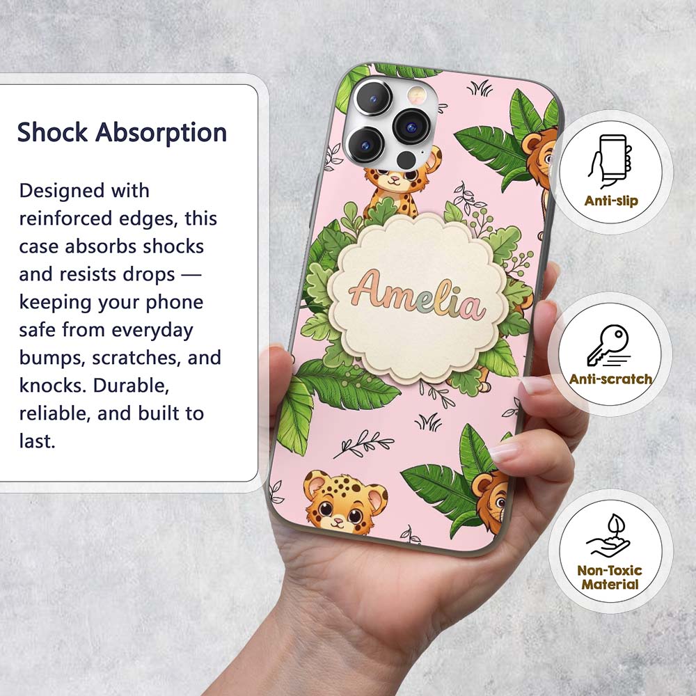 Cute Jungle Animals Lion Tiger Leopard Soft Beige Custom Name Protective Phone Case Mobile Cover Durable Everyday Smartphone Shock Resistant