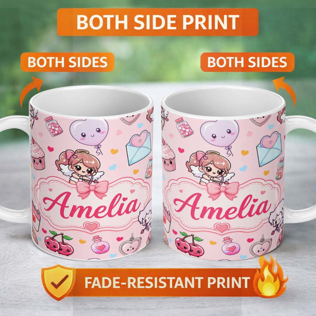 Personalized Custom Name Cupid Angels Hearts Sweets Kawaii Valentine Seamless Pattern Pink 11oz Ceramic Coffee Tea Mug White Large Handle