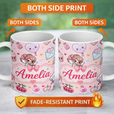 Personalized Custom Name Cupid Angels Hearts Sweets Kawaii Valentine Seamless Pattern Pink 11oz Ceramic Coffee Tea Mug White Large Handle