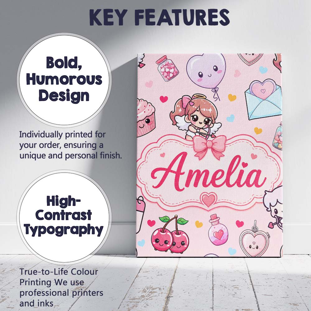 Personalised Name Cupid Angels Hearts Custom Modern Room Accent Creative Decorator Style Canvas Wall Art Print Decor Picture Ready to Hang