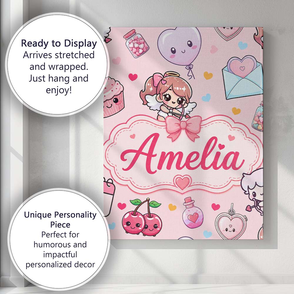 Personalised Name Cupid Angels Hearts Custom Modern Room Accent Creative Decorator Style Canvas Wall Art Print Decor Picture Ready to Hang