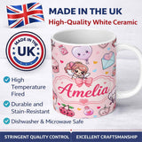 Personalized Custom Name Cupid Angels Hearts Sweets Kawaii Valentine Seamless Pattern Pink 11oz Ceramic Coffee Tea Mug White Large Handle