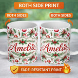 Personalized Custom Name Watercolor Holly Leaves Red Berries Baubles Festive Seamless Pattern 11oz Ceramic Coffee Tea Mug White Large Handle
