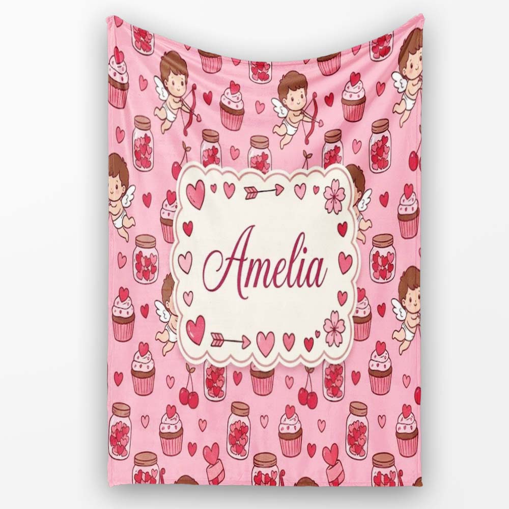 Cupid Angels Hearts Sweets Kawaii Valentine Seamless Pattern Purple  Personalised Custom Name Super Soft Fleece Blanket Bed Sofa Throw