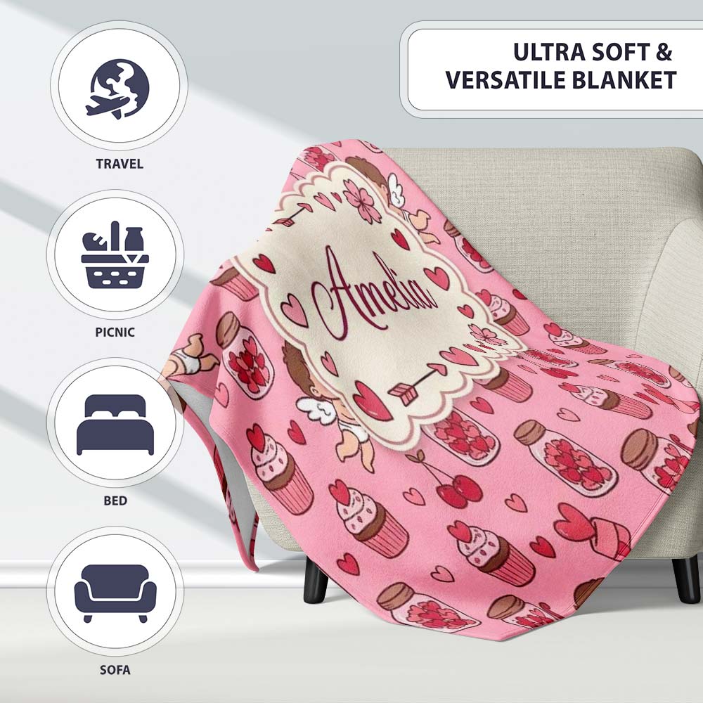Cupid Angels Hearts Sweets Kawaii Valentine Seamless Pattern Purple  Personalised Custom Name Super Soft Fleece Blanket Bed Sofa Throw