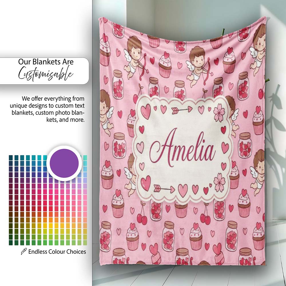 Cupid Angels Hearts Sweets Kawaii Valentine Seamless Pattern Purple  Personalised Custom Name Super Soft Fleece Blanket Bed Sofa Throw