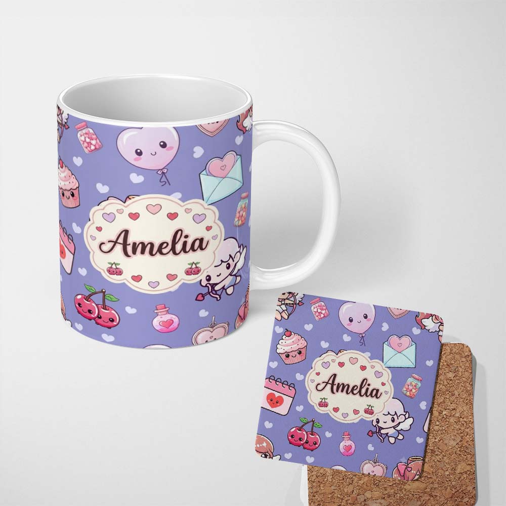 Personalized Custom Name Cupid Angels Hearts Sweets Kawaii Valentine Seamless Pattern Red 11oz Ceramic Coffee Tea Mug White Large Handle
