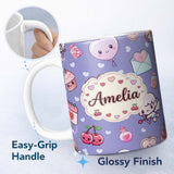 Personalized Custom Name Cupid Angels Hearts Sweets Kawaii Valentine Seamless Pattern Red 11oz Ceramic Coffee Tea Mug White Large Handle